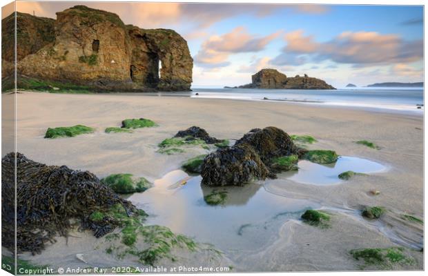 Perranporth Arch and Chapel Rock at sunrise Canvas Print by Andrew Ray