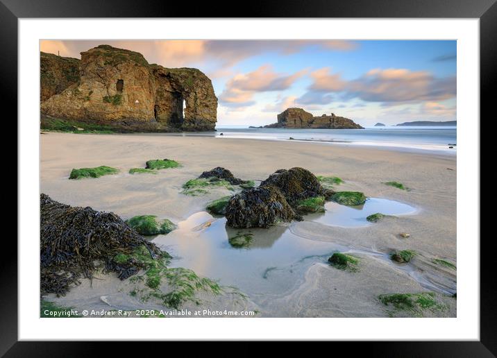 Perranporth Arch and Chapel Rock at sunrise Framed Mounted Print by Andrew Ray