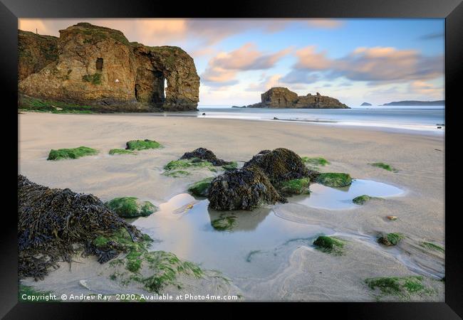 Perranporth Arch and Chapel Rock at sunrise Framed Print by Andrew Ray