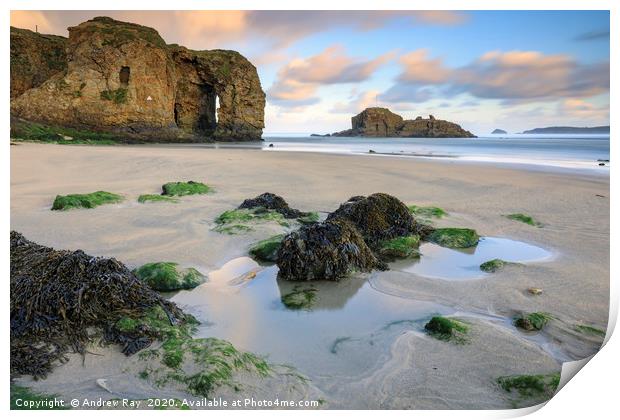 Perranporth Arch and Chapel Rock at sunrise Print by Andrew Ray
