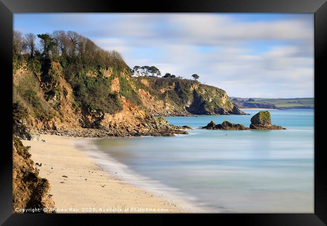 Duporth Beach and Polmear Island Framed Print by Andrew Ray