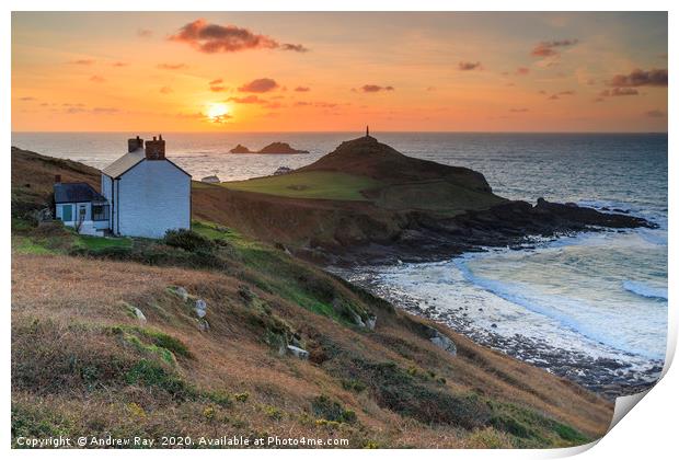Setting sun over Cape Cornwall Print by Andrew Ray