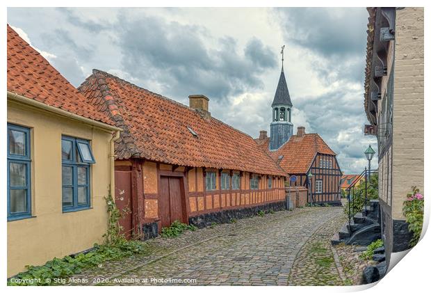 The old town of Ebeltoft with a  cobblestone-stree Print by Stig Alenäs