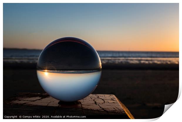 sunset on the beach captured in glass crystal sphe Print by Chris Willemsen