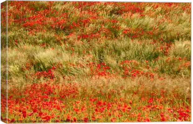 Poppies and grass blowing in the wind Canvas Print by Simon Johnson