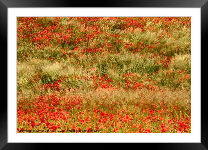 Poppies and grass blowing in the wind Framed Mounted Print by Simon Johnson