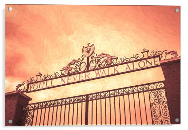 Looking up at the Shankly Gates Acrylic by Jason Wells