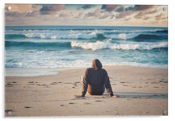  shot of a male in a black jacket on the beach Acrylic by federico stevanin