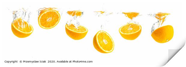 Orange halves splashing into water panorama shoot Print by Przemek Iciak