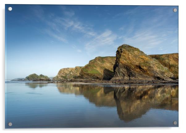 Reflections, Whipsiderry Beach, Cornwall Acrylic by Mick Blakey