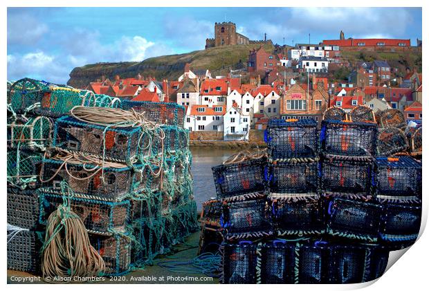 Whitby Harbour and Lobster Baskets Print by Alison Chambers