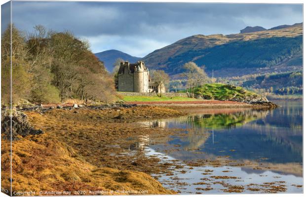 Dunderave Castle shoreline Canvas Print by Andrew Ray