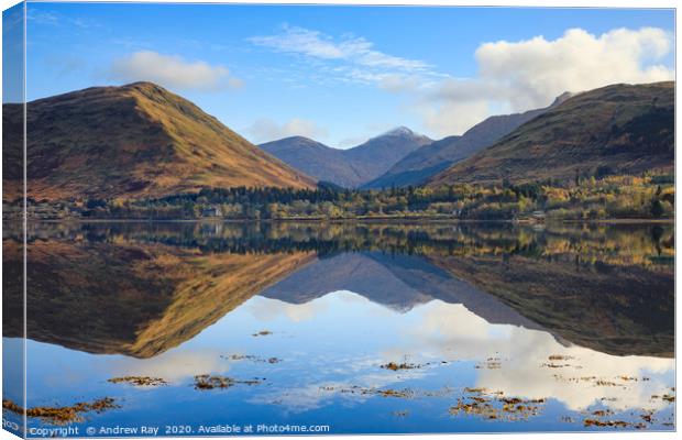 Arrochar Alps reflected in Loch Fyne Canvas Print by Andrew Ray