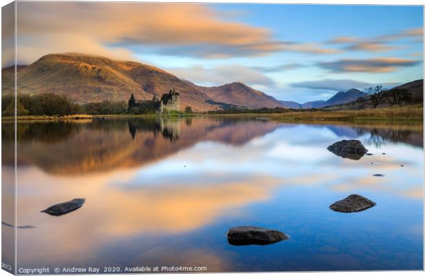 Colud reflections at sunrise (Kilchurn Castle) Canvas Print by Andrew Ray