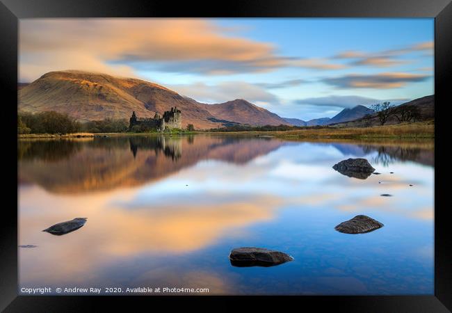 Colud reflections at sunrise (Kilchurn Castle) Framed Print by Andrew Ray