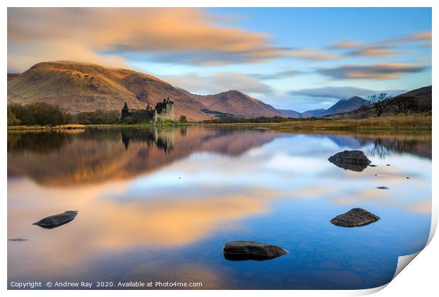 Colud reflections at sunrise (Kilchurn Castle) Print by Andrew Ray