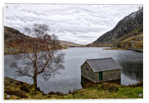 The cabin on the lake at Ogwen Acrylic by Simon Marlow