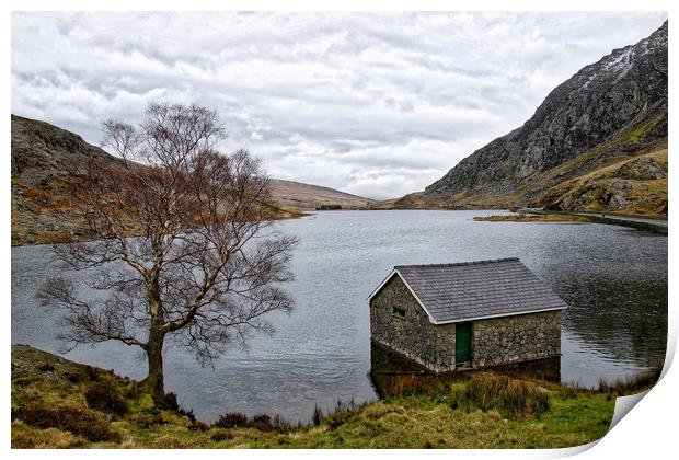 The cabin on the lake at Ogwen Print by Simon Marlow
