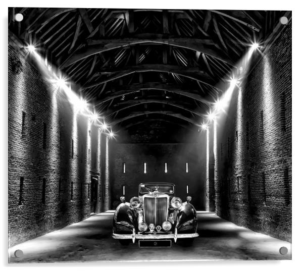 Classic MG lit up in a barn Acrylic by Simon Marlow