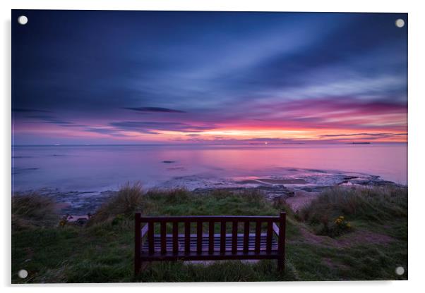 Bamburgh beach with a lone bench Acrylic by John Finney