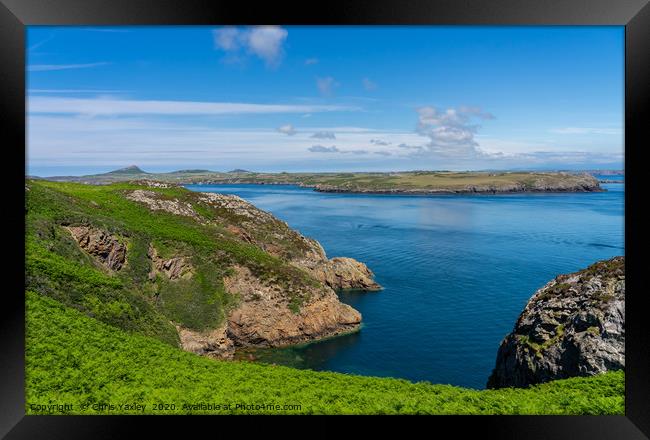 View from RSPB Ramsey Island towards the mainland Framed Print by Chris Yaxley