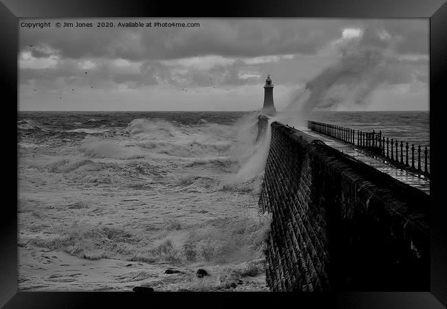Stormy seas over Tynemouth Pier Framed Print by Jim Jones