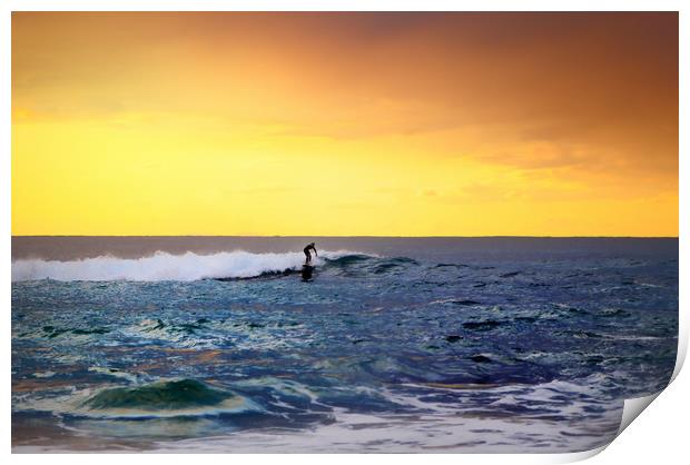  lone surfer rides the wave of the ocean at sunset Print by federico stevanin