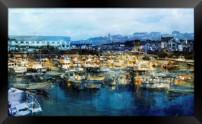 Busy Fishing  harbour in Cornwall Framed Print by kathy white