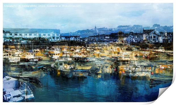 Busy Fishing  harbour in Cornwall Print by kathy white