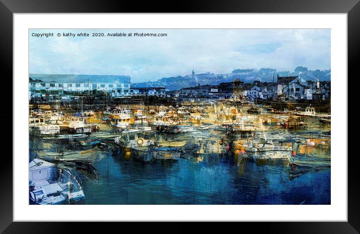 Busy harbour in Cornwall,Small fishing boats blue  Framed Mounted Print by kathy white