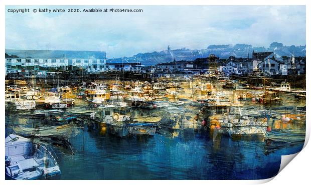 Busy harbour in Cornwall,Small fishing boats blue  Print by kathy white