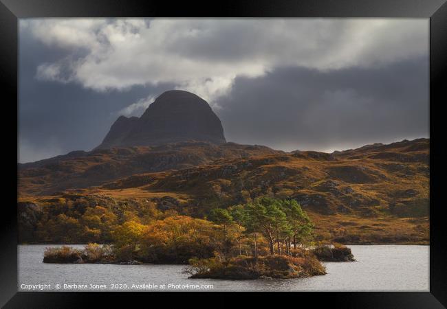 Suilven and Storm Clouds in Autumn  Assynt  Scotla Framed Print by Barbara Jones