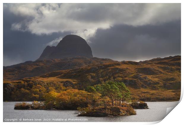 Suilven and Storm Clouds in Autumn  Assynt  Scotla Print by Barbara Jones