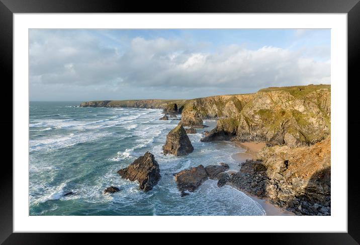 Surf around Sea Stacks, Bedruthan Steps Framed Mounted Print by Mick Blakey