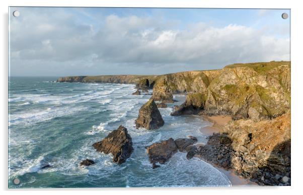 Surf around Sea Stacks, Bedruthan Steps Acrylic by Mick Blakey