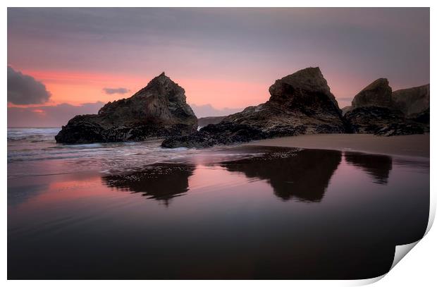 Twilight Silhouettes, Bedruthan Steps, Cornwall Print by Mick Blakey