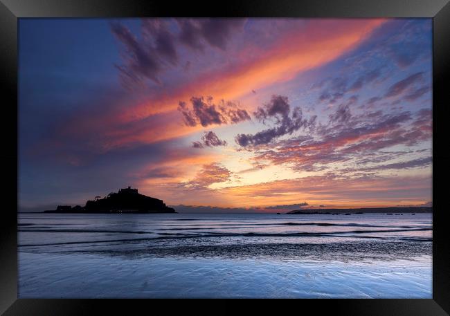 Dramatic Sunset over St Michael's Mount, Cornwall Framed Print by Mick Blakey