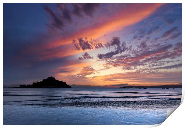 Dramatic Sunset over St Michael's Mount, Cornwall Print by Mick Blakey