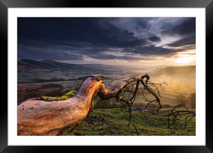 Hope Valley, Fallen tree sunrise Framed Mounted Print by John Finney