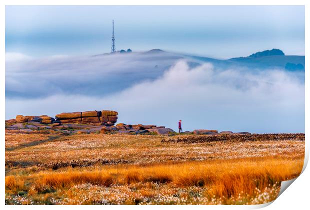 Stanage Edge Cotton Grass and Fog at sunrise Print by John Finney