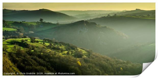 Thor's Cave from Wetton Hill in low winter light Print by Chris Drabble