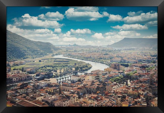 Aerial shot of Bosa in Sardinia, Italy Framed Print by federico stevanin