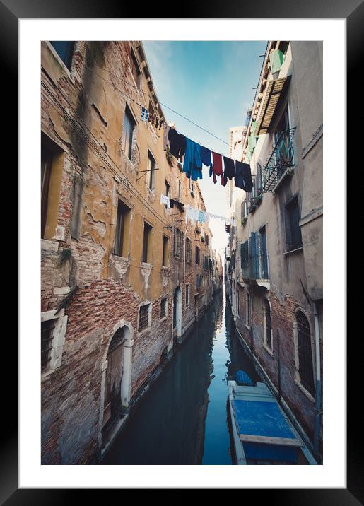 clothes hanging in the canal with gondolas, Venice Framed Mounted Print by federico stevanin