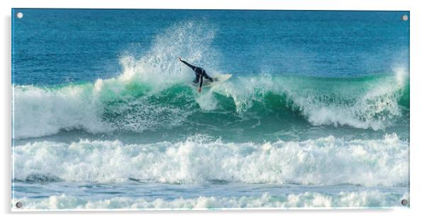 Surfer riding crest of wave, Fistral, Newquay, Cor Acrylic by Mick Blakey