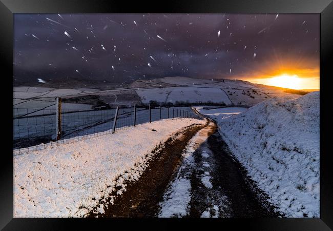 Hayfield Blizzard sunrise, Derbyshire Framed Print by John Finney
