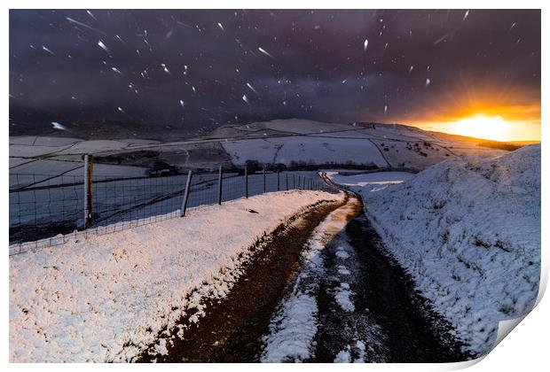 Hayfield Blizzard sunrise, Derbyshire Print by John Finney