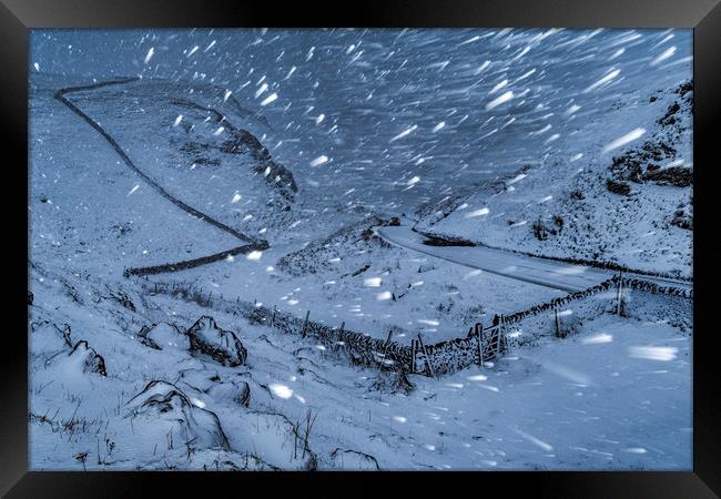 Winnats Pass Winter Blizzard, Peak District Framed Print by John Finney
