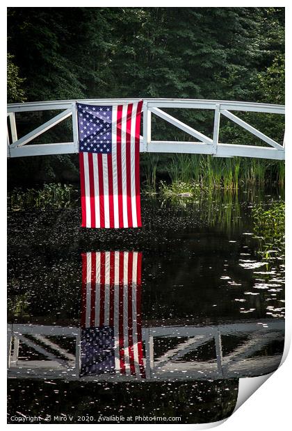 American flag hanging from wooden bridge in Somesv Print by Miro V
