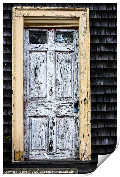 Old wooden door with weathered paint Print by Miro V