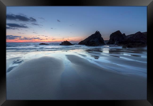 Beach Silhouettes, Bedruthan Steps, Cornwall Framed Print by Mick Blakey